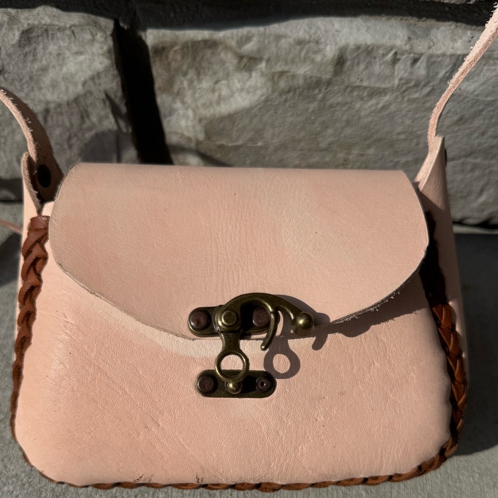 Natural and Brown Leather Mini Bag with Structured Design and Flap Closure